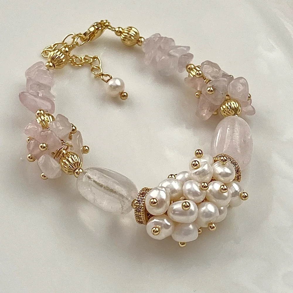 GP30b-Handmade Rose Quartz And Freshwater Pearl Bracelet - Picture 3 of 4